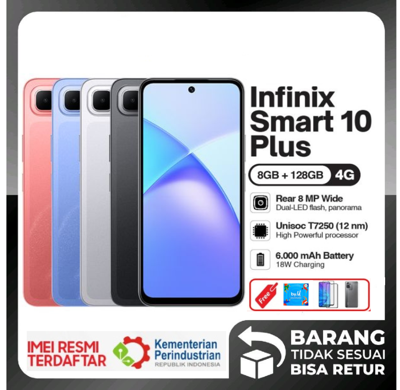 Infinix Smart 10 plus 8/128GB-up to 16GB extended RAM - 6.67 inch 120Hz HD +-t7250-6000 mAh - Ruby Red Harga  1,420,000 Ringgit*Penghantaran Percuma