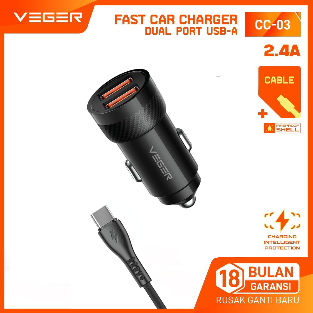Veger car charger CC03 dual USB 2.4A + cable type C / Micro USB car/motorcycle charger Harga 30,933 rupiah*Gratis Ongkir