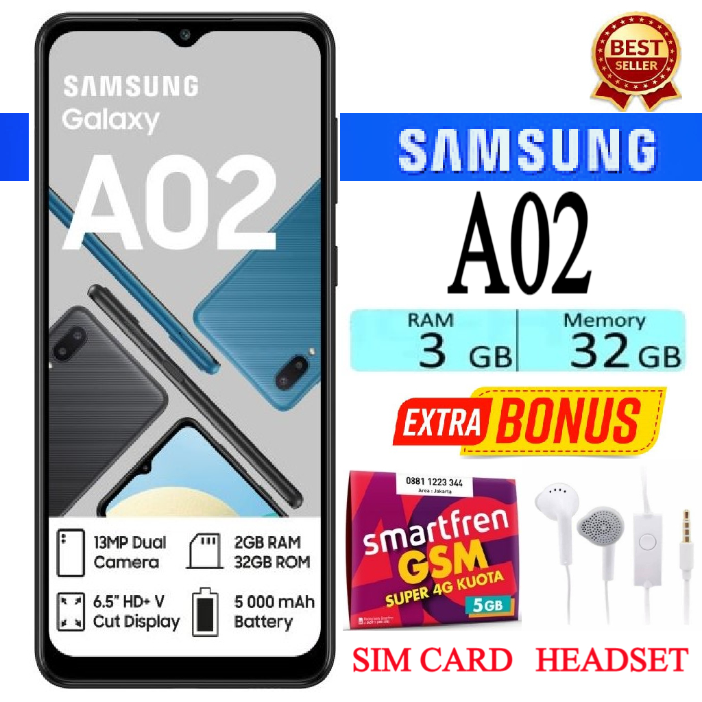 Samsung Galaxy A02 RAM 3/32 GB FULLSET Bergaransi - FREE SIMCARD - PROMO Harga 1,000,000 rupiah*Gratis Ongkir