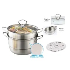 Steamer 2 Layer-Panci Kukus Serbaguna Steamer Langseng Dandang Stainless Steel Tutup Kaca Untuk Dimsum Mpasi 28 CM