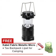 Trend`s Lampu Solar LED Camping Rechargable Lantern Hitam Bisa untuk PowerBank + Gratis Kabel Fabric Metallic & Tas Ransel Lipat BackPack Foldable