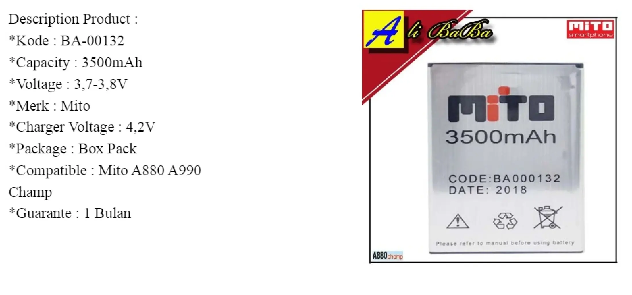 Baterai Handphone Mito A880 A990 Champ Double Power Mito Ba 00132 Batre Hp Mito Champ Battery Mito A990 A880 Lazada Indonesia