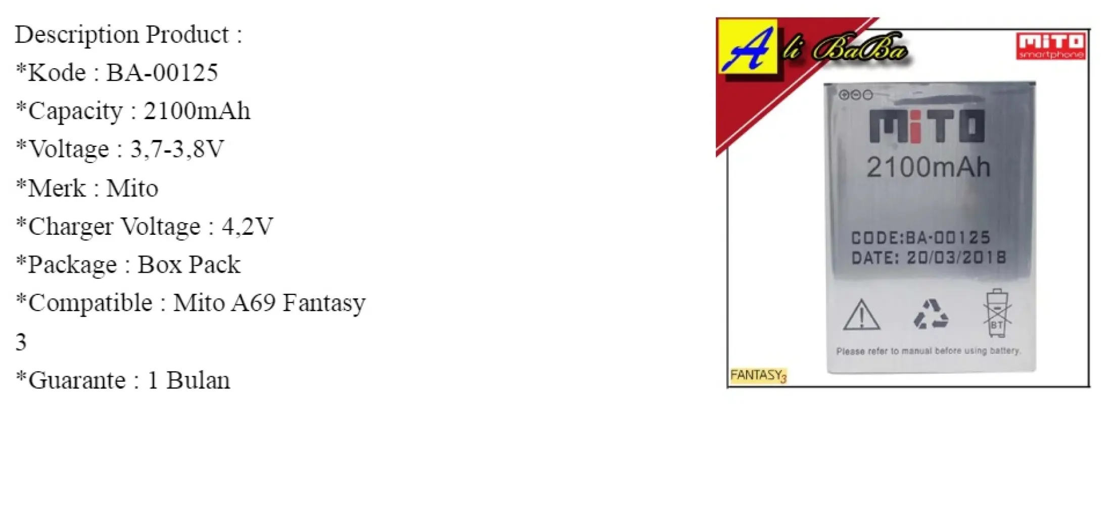 Baterai Handphone Mito A69 Fantasy 3 Ba 00125 Batre Hp Mito A69 Battery Mito Fantasy 3 Batu Mito Ba 00125 Lazada Indonesia