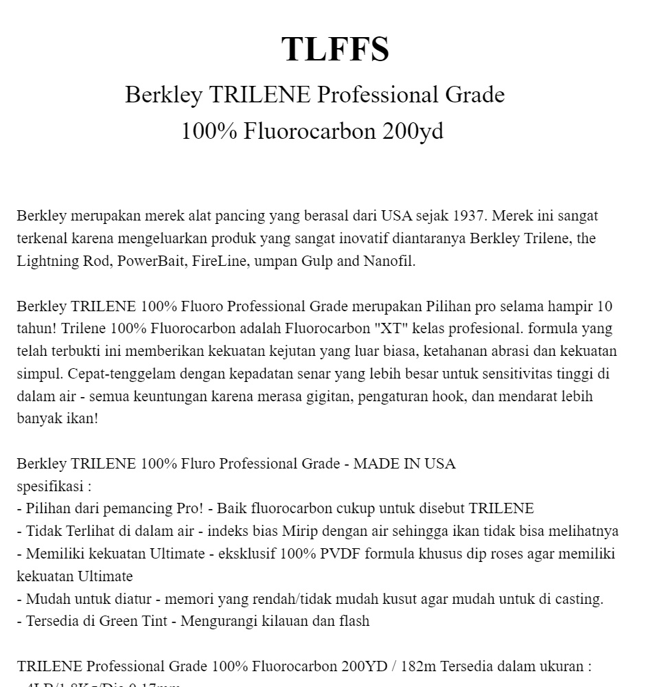 Berkley TRILENE Professional Grade 100% Fluorocarbon 200yd - TLFFS - CLEAR  4Lb 6Lb 8Lb 10Lb 12Lb 15lb Senar Leader / leder Pancing 200 yd 182 meter Berkley  TRILENE 100% Fluro Professional Grade 