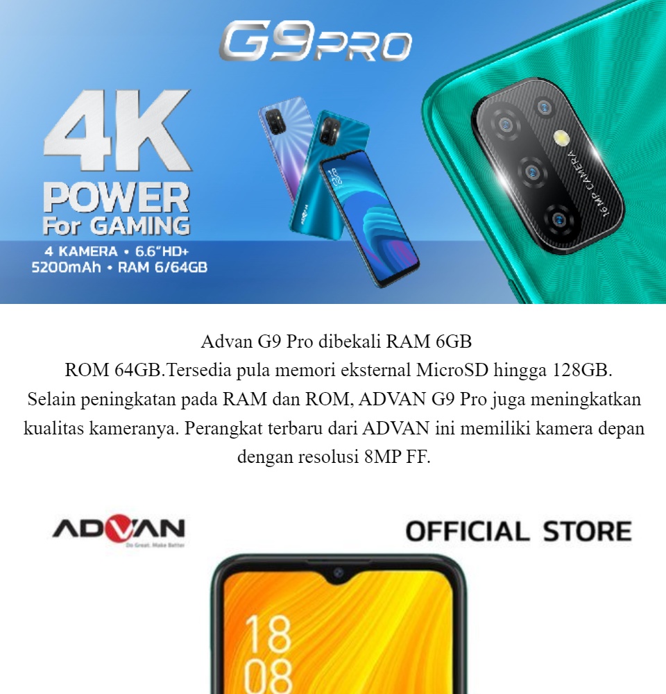 Advan G9 Pro 4k Power Gaming Ram 6gb 64gb Quad Core Camera Fullview Display 6 6 Inch Hd Big Battery 5000 Mah Hp Advan Face Id Garansi Resmi Ayudia Cell