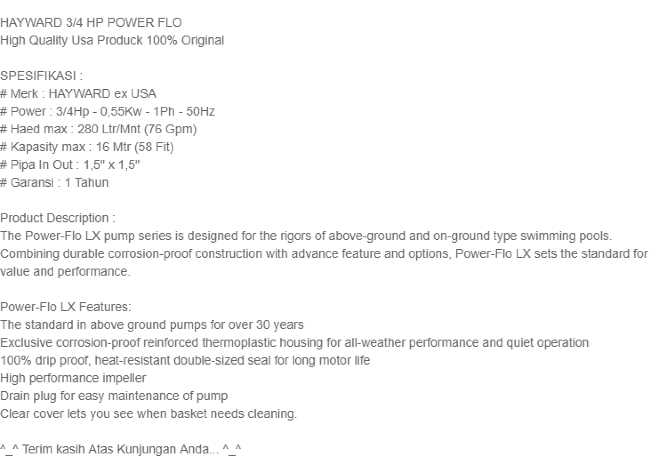 Pompa Hayward 3 4 Hp Power Flo Pompa Kolam Renang Made In Usa Lazada Indonesia